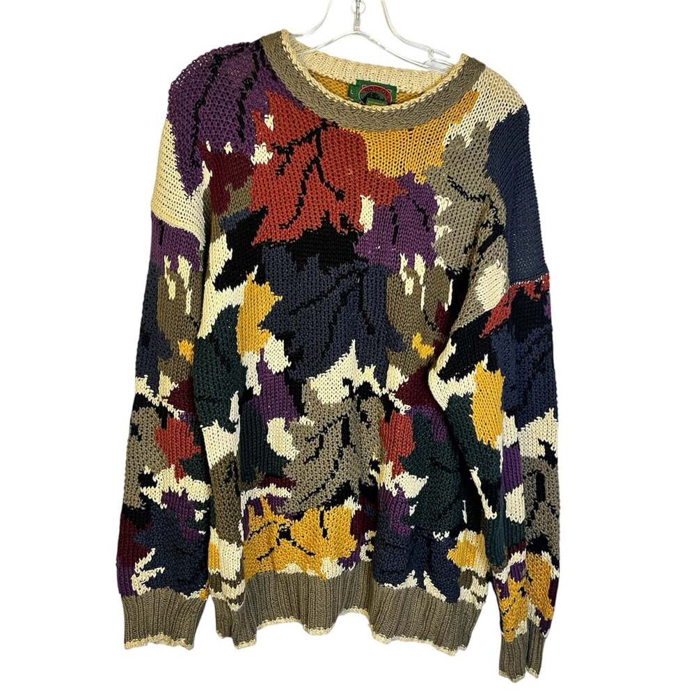 Vintage 80s Boston Traders Ramie Sweater Sz L Hong Kong Chunky Knit Leaves Fall